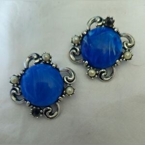 Vintage Blue Silver Faux Pearl ClipOn Earrings